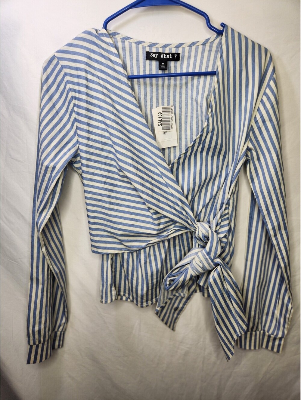 Say What? Women’s WrapAround Striped Cropped Top Blue/White Size Medium NEW!